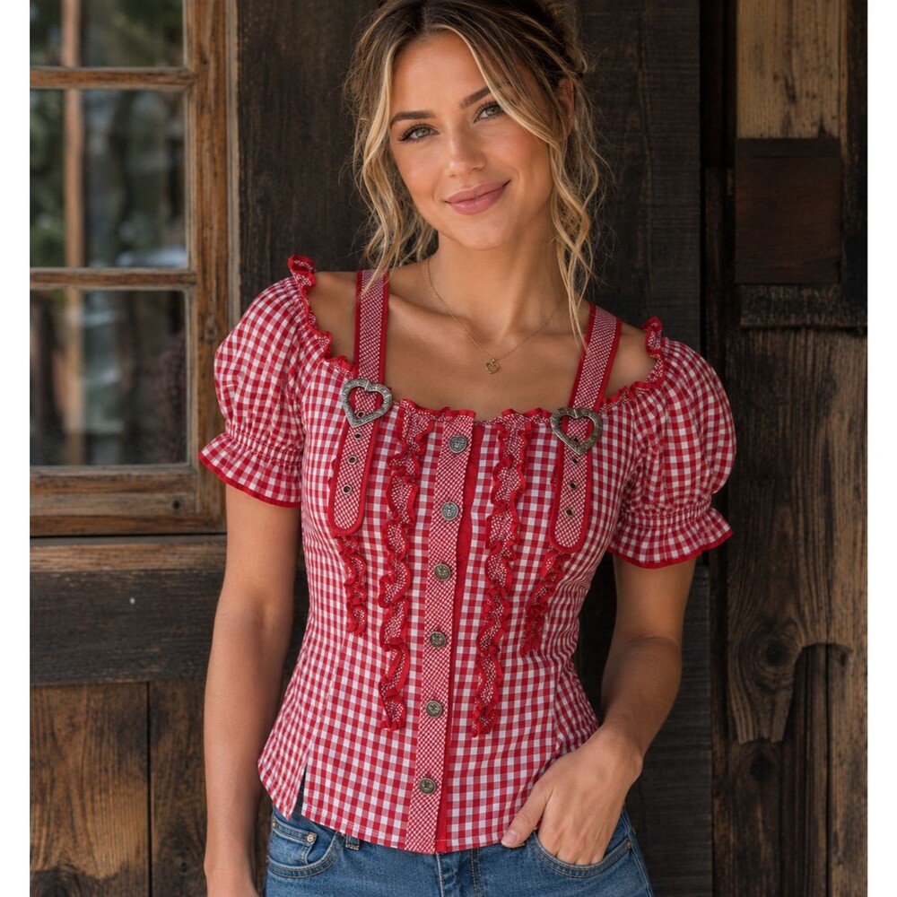 Landhaus Dirndl Blouse Red Gingham Heart Buckle Oktoberfest Cotton EU 34 UK 8